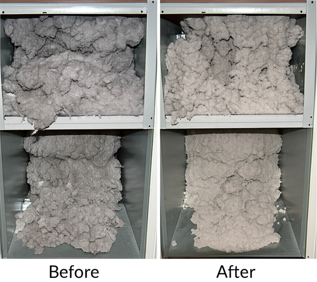 Before and after dryer vent cleaning showing lint buildup removal